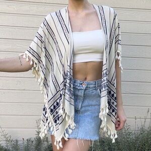 Cream and Navy Boho Fringe Kimono